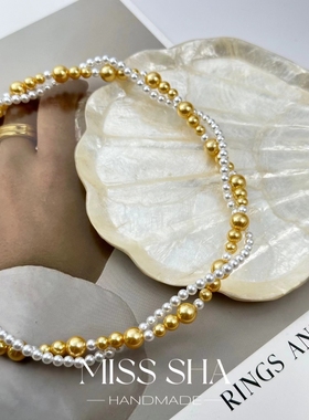 人造南洋金珠极光白法式法式叠戴多层珍珠项链925银