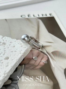 意大利k金喷砂工艺仿大溪地珍珠戒指时尚个性小众设计简约指环