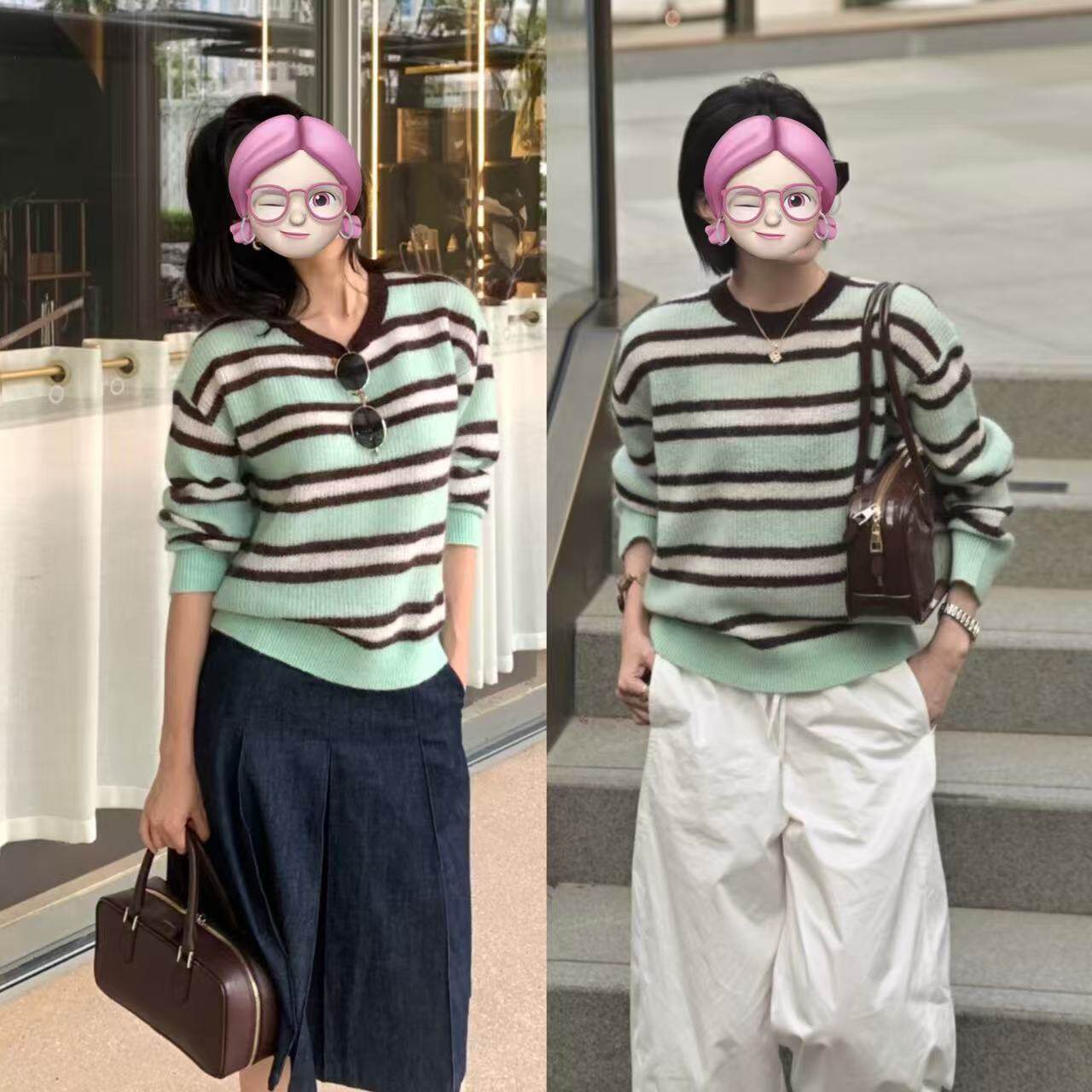 Sel高支绵羊毛混纺撞色条纹衫女