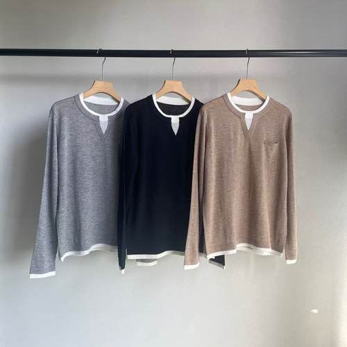 撞色拼接假两件羊毛羊绒长袖T恤