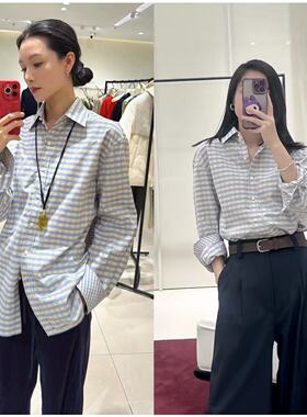高圆圆同款 ed~2026早春经典新疆色织长绒棉蓝色格子长袖衬衫上衣