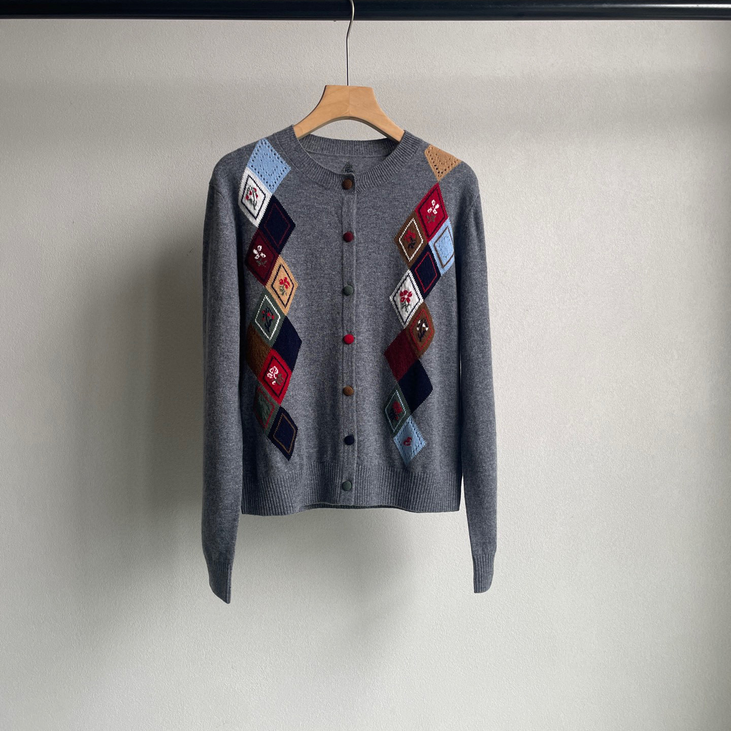 【陈都灵同款】圆领提花羊毛羊绒衫25秋冬新款菱形格纹提花开衫女