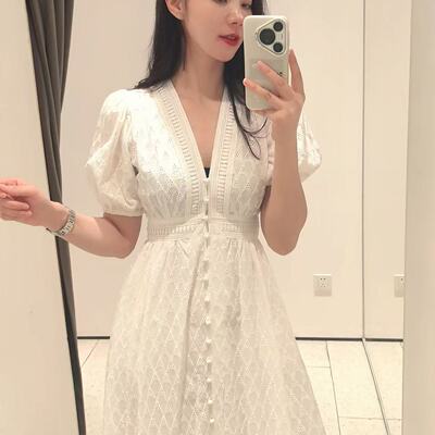 白月光纯棉绣花长款茶歇连衣裙