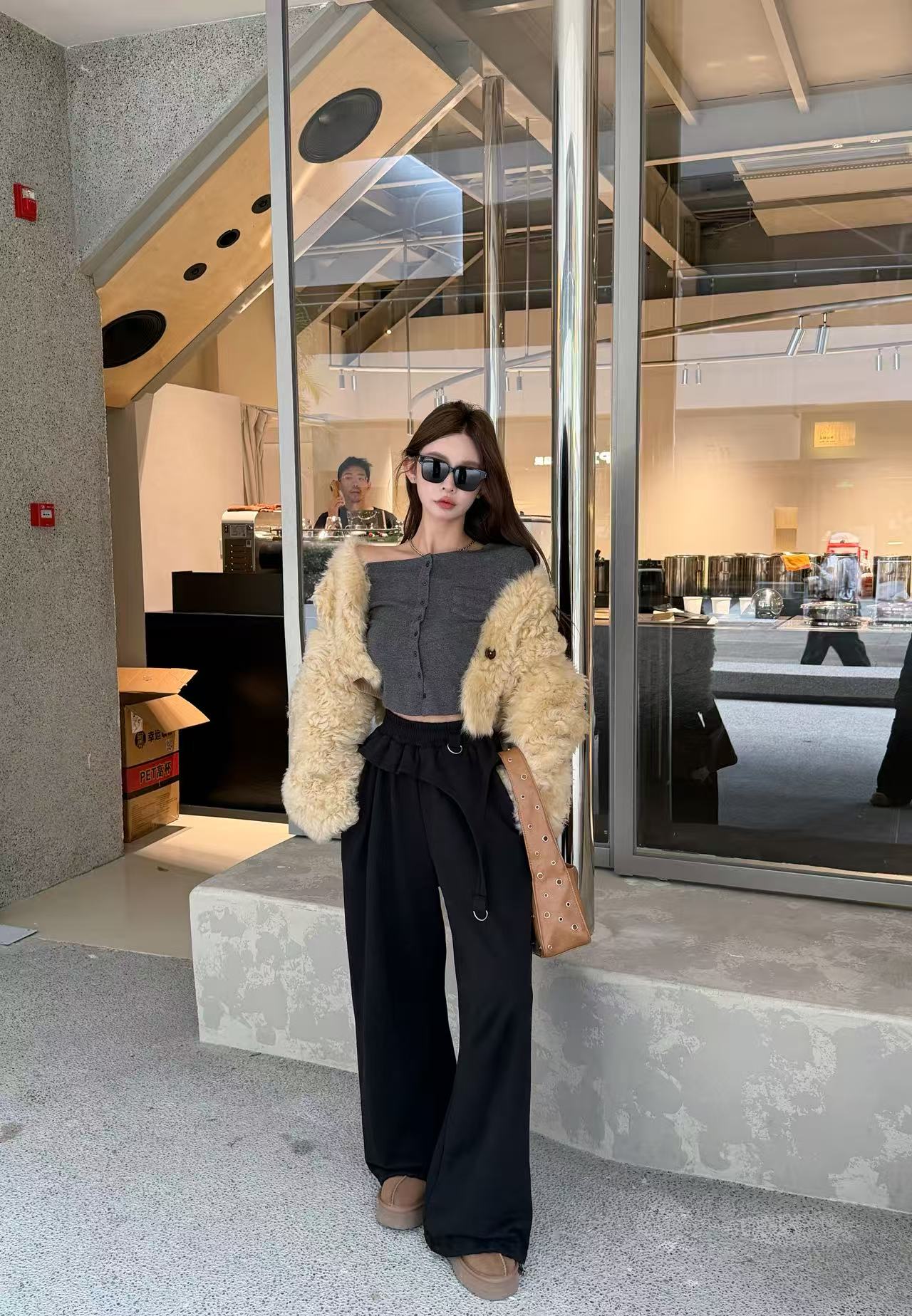 【YKL】怀旧片尾 灰色前小口袋长袖黑色设计腰头直筒裤