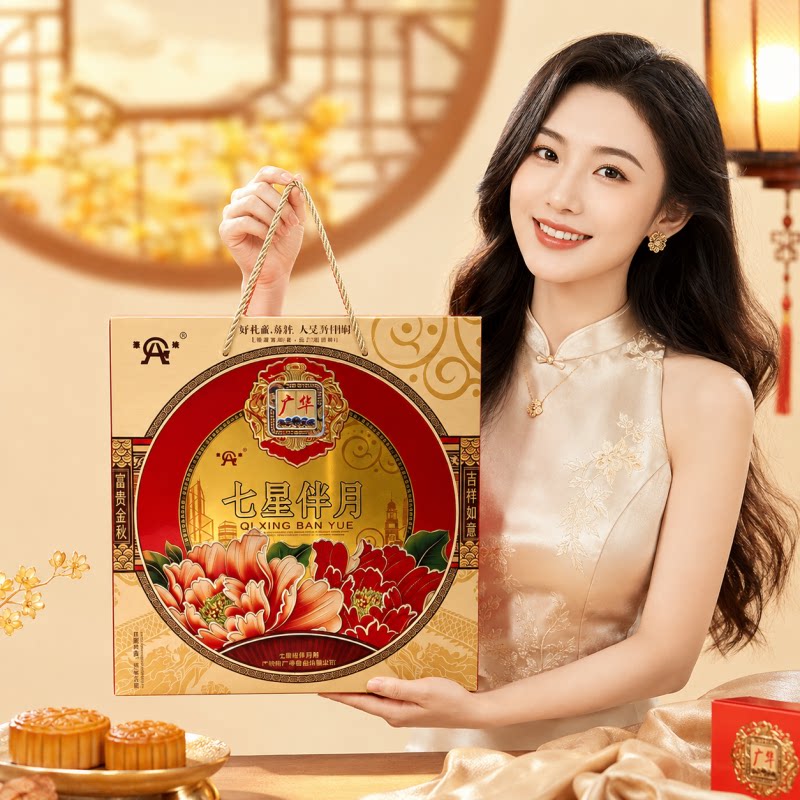 中秋节广式月饼七星伴月礼盒装高端双蛋黄白莲蓉五仁豆沙员工送礼