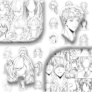 110张oc发型参考贴纸头发线稿手绘练习发型素材贴画diy手账笔记本