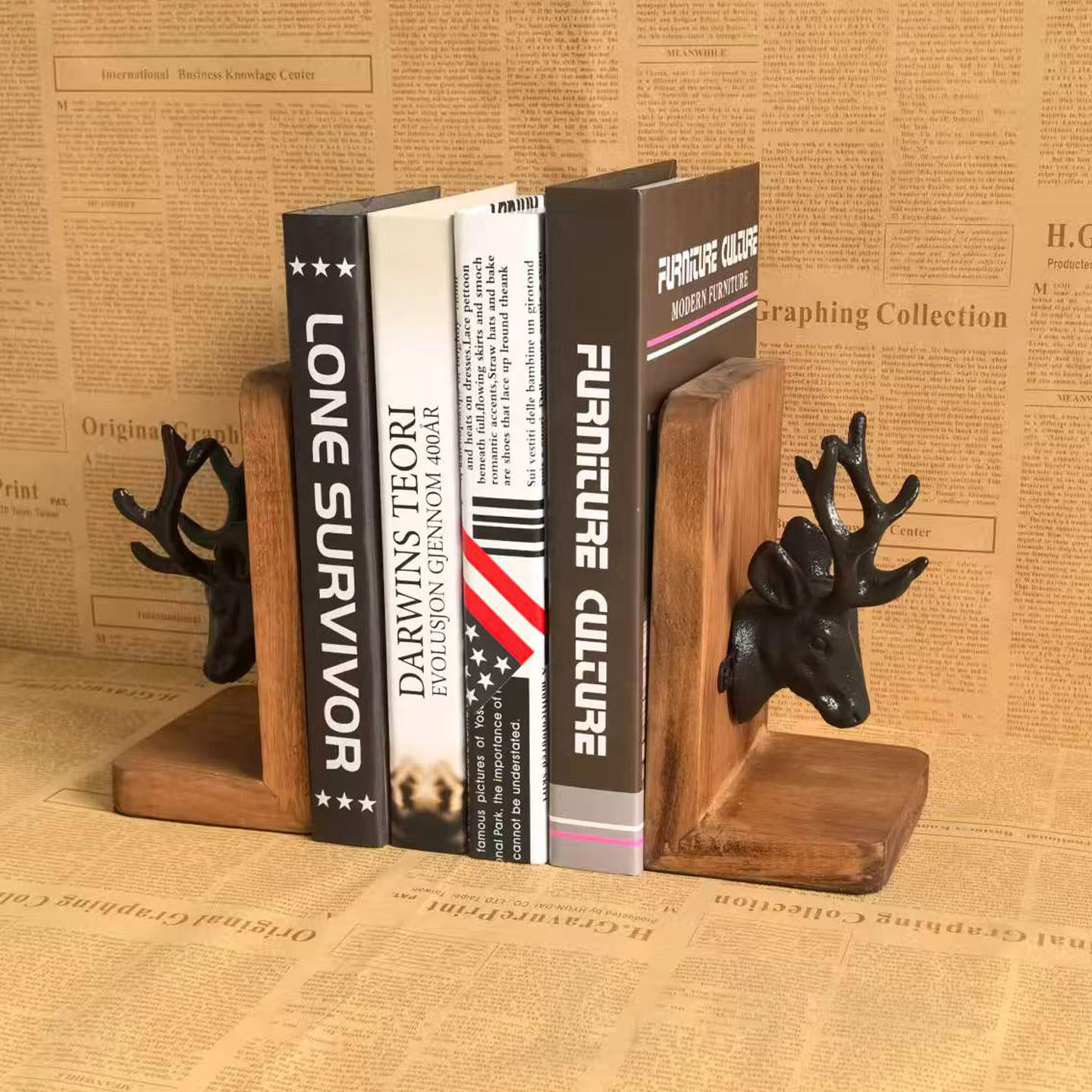 美式乡村铸铁鹿头实木书立书挡学生书架书夹桌面整理收纳复古摆件,文具电教/文化用品/商务用品,书立,淘宝优惠券,粉丝福利购,淘宝优惠卷
