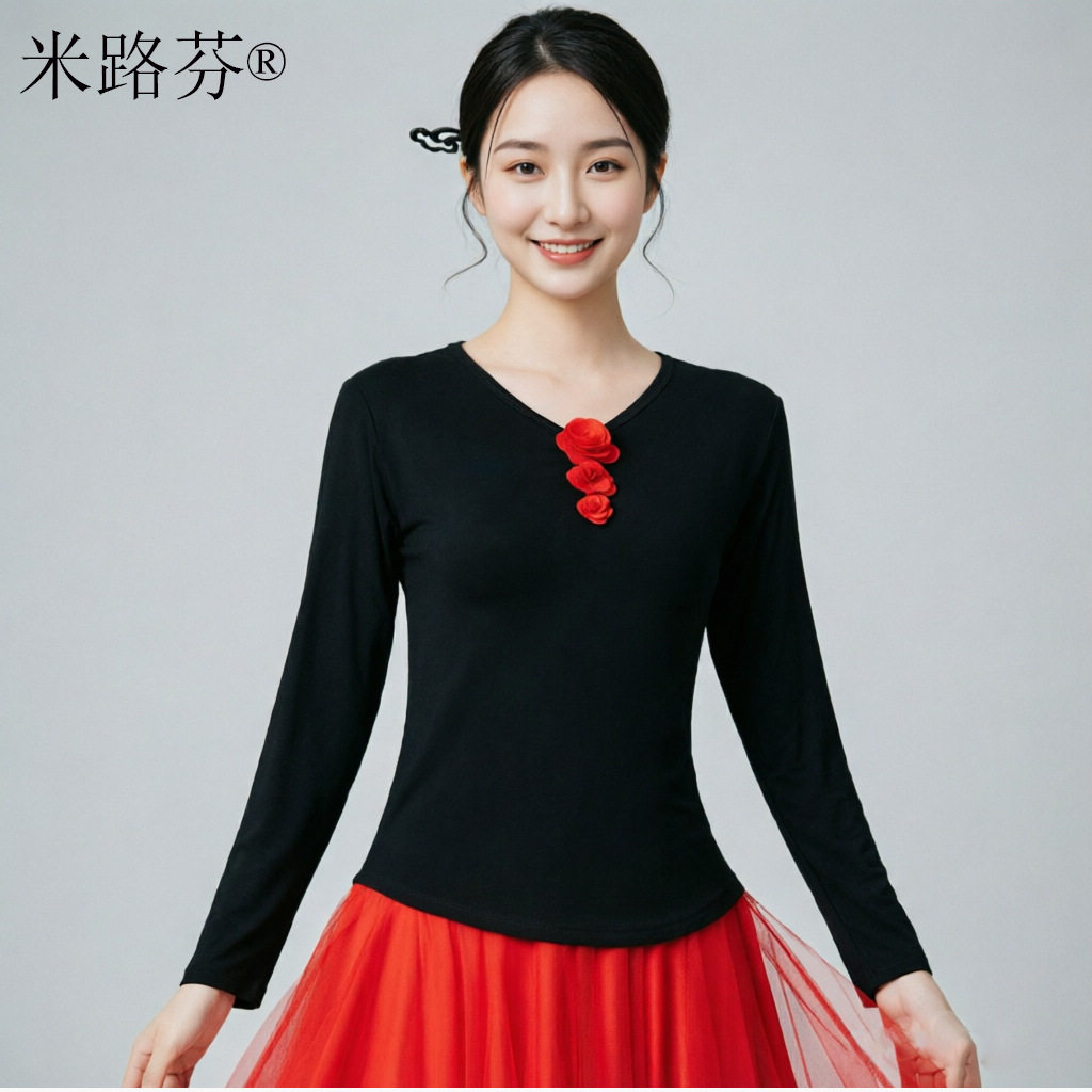 广场舞服装新款上衣中老年民族风舞蹈服春秋黑色莫代尔跳舞表演服