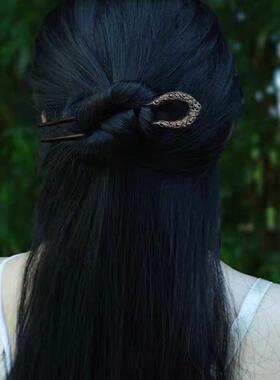 黑檀木u型双簪子女高级感雕花发钗复古风简约款发簪日常挽发头饰