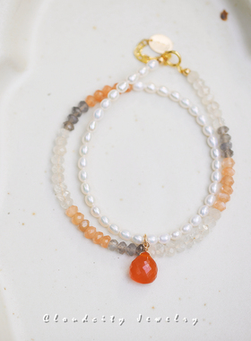 Cloudcity返场原创设计气质女人月光石珍珠红玉髓14K注金双层手链