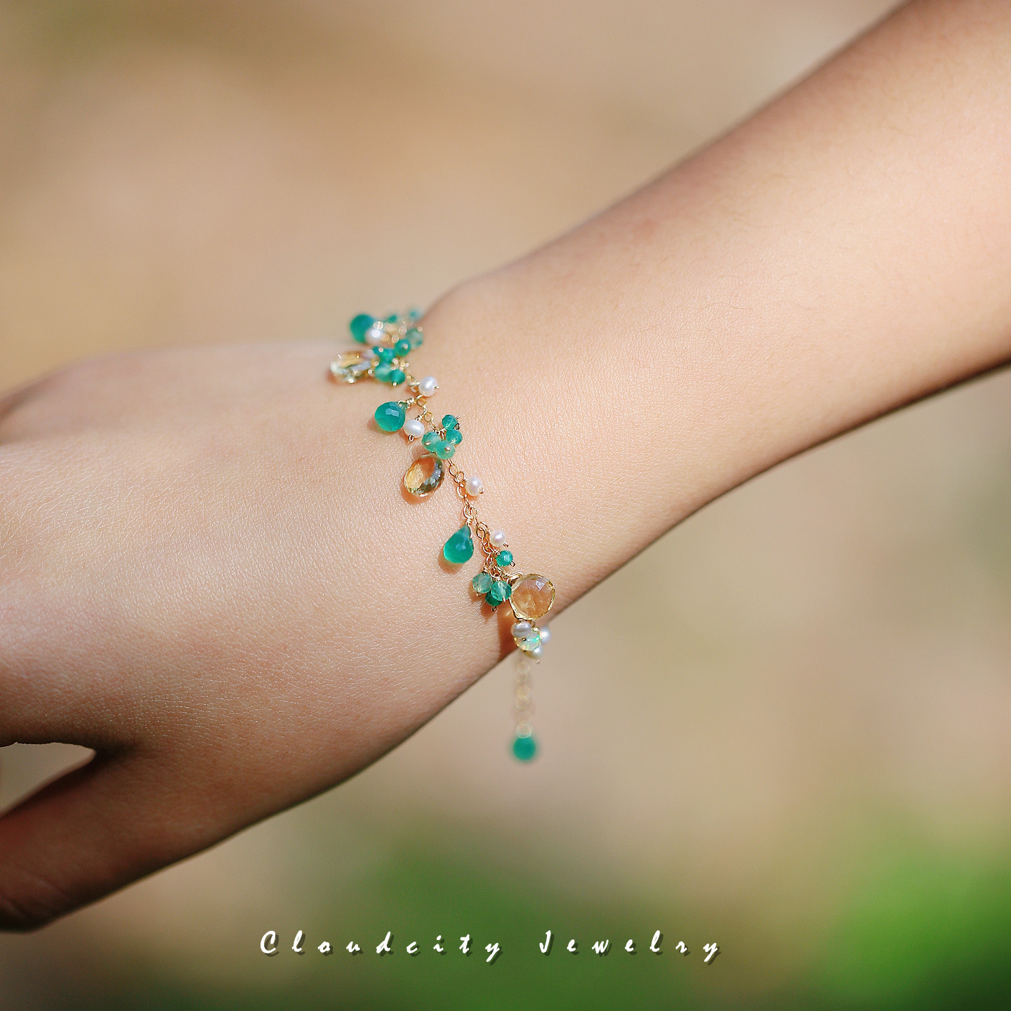 春和景明 Cloudcity原创设计精致气质女晶石珍珠14K注金手作手链