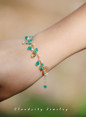 春和景明 Cloudcity原创设计精致气质女晶石珍珠14K注金手作手链