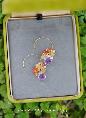 绯光 Cloudcity原创设计精致温柔紫气质水晶珍珠14K注金手作耳环