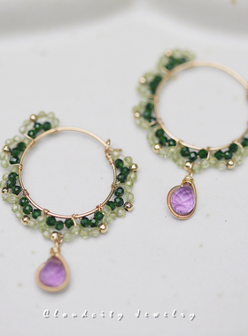 Cloudcity原创设计精致女蕾丝编织感橄榄石紫水晶14K注金手作耳圈