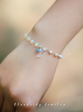 山阅Cloudcity原创设计精致早春新品黄欧泊珍珠粉晶14K手作手链