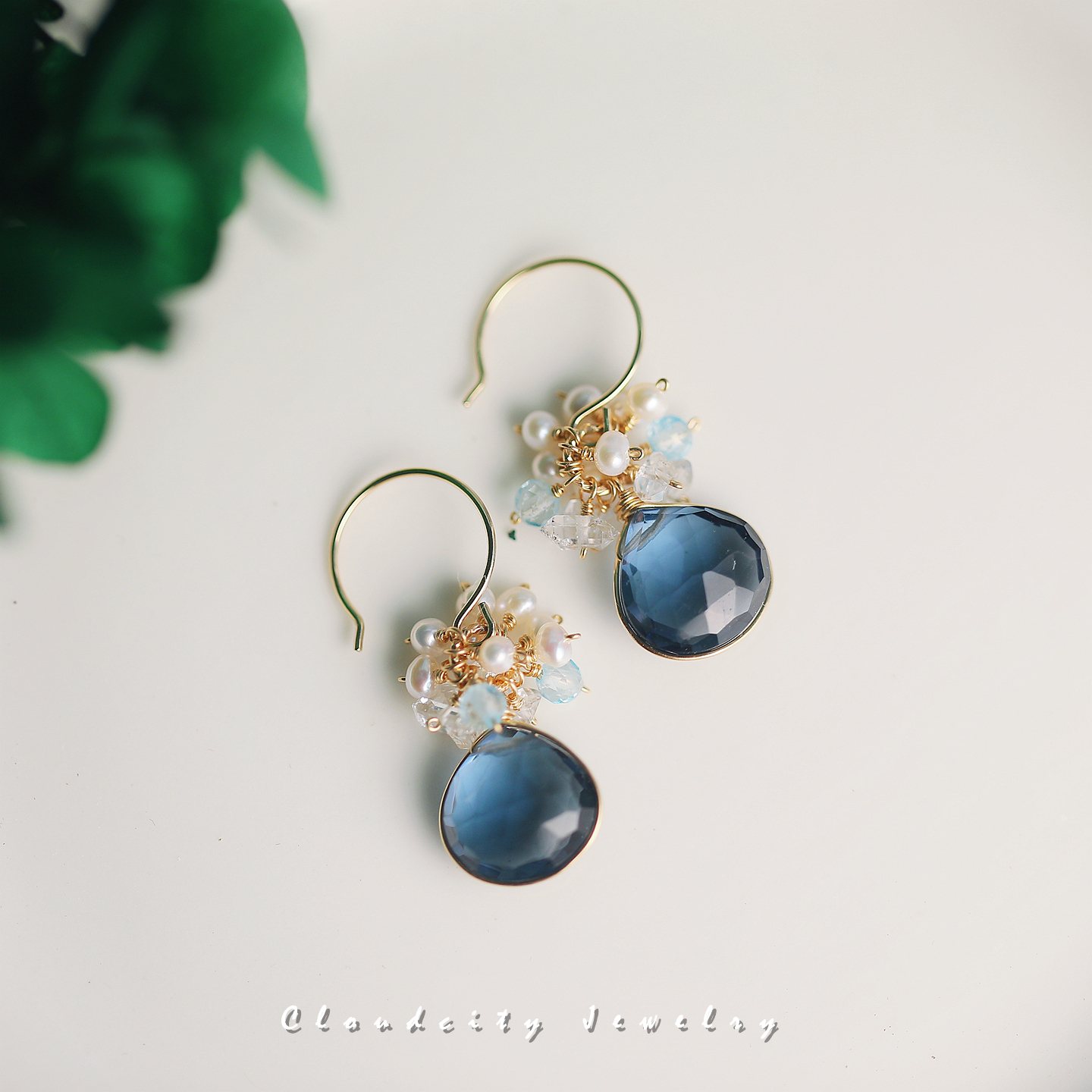 Cloudcity设计新款精致晶石伦敦蓝石英石淡水珍珠14K注金手作耳环