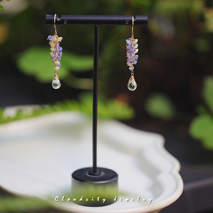 Cloudcity莫奈花园 原创设计黄欧泊坦桑石白水晶14K注金手作耳环