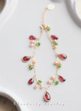 Cloudcity浆果 原创设计森系精致红石榴石珍珠14K注金手作手链