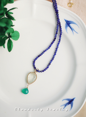 青岚叶语Cloudcity原创设计绿紫晶树叶绿玉髓14K注金手作晶石项链