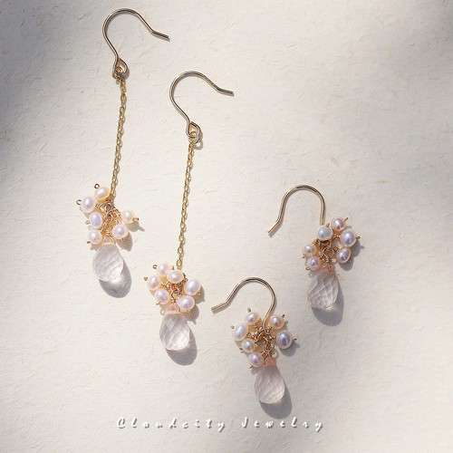 花蜜 Cloudcity设计返场精致可爱女孩小珍珠粉晶坠子14K注金耳环