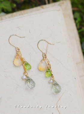 Cloudcity原创设计精致清新早春新款玉髓橄榄石14K注金手作耳环