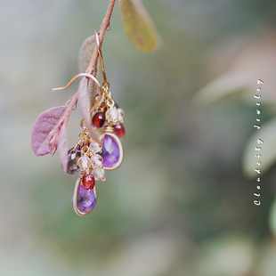 Cloudcity原创设计二月生辰石紫水晶石榴石茶晶14K注金手作耳环