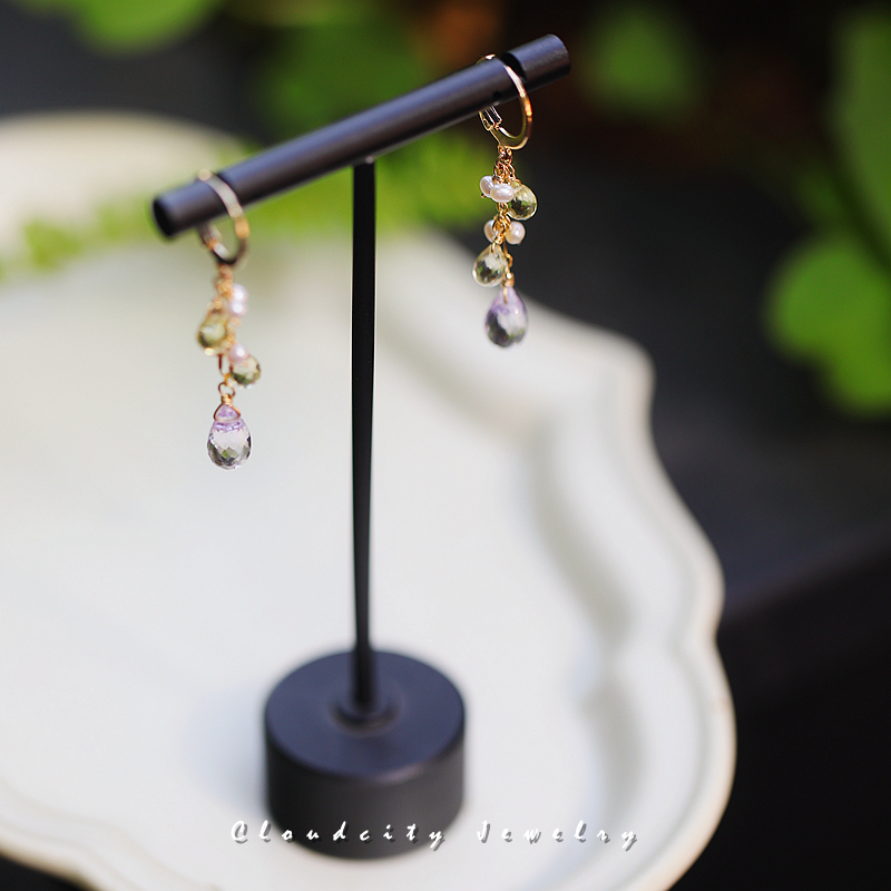 Cloudcity鸢尾 原创设计温柔女紫水晶柠檬晶珍珠14K注金耳扣耳环