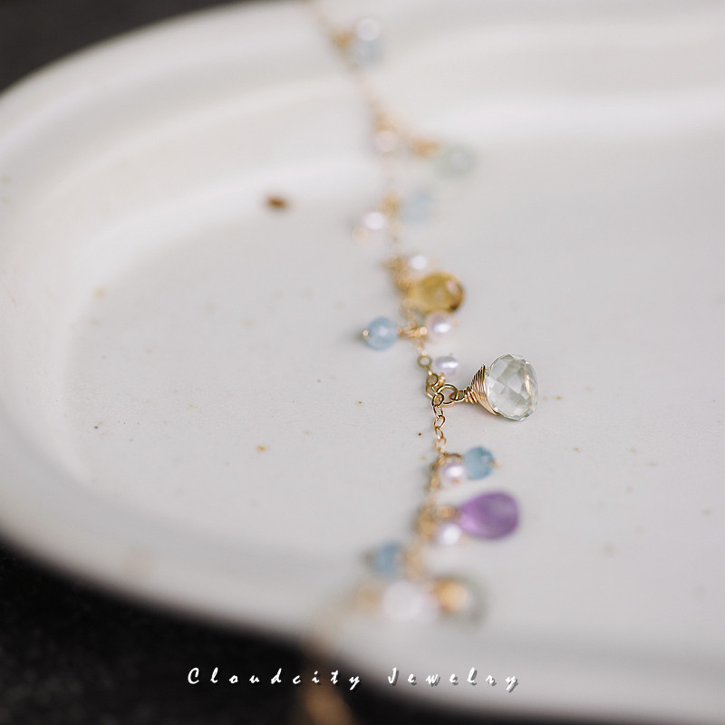 Cloudcity原创设计精致女清新绿紫晶紫黄水晶珍珠14K注金手作手链