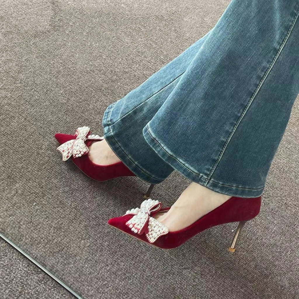 复古风珍珠蝴蝶结高跟鞋