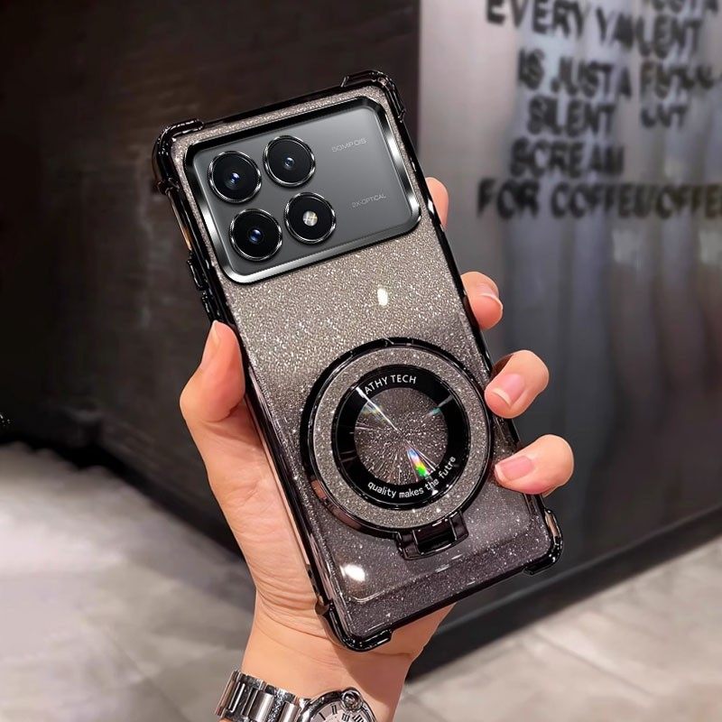 四角防摔带磁吸支架适用于适用小米Pocof6pro 5G手机壳网红全包软简约个性女男潮新款外壳透明电镀保护套