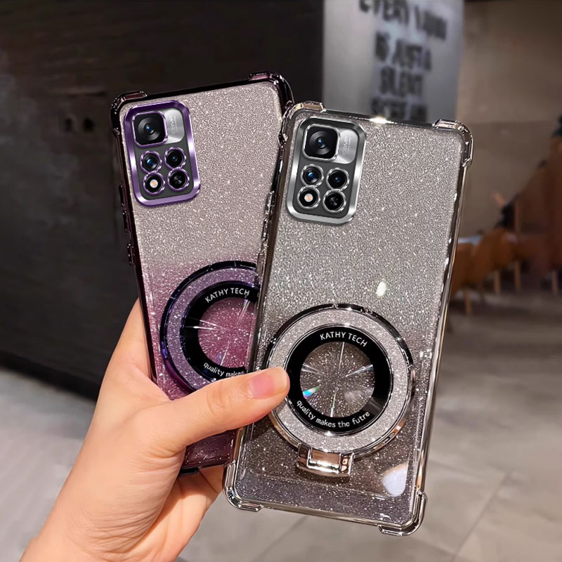 四角防摔带磁吸支架适用于适用红米Note11pro+手机壳21091116UC网红潮女软男全包个性新款外壳透明电镀保护套