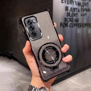 四角防摔带磁吸支架适用于适用oppoReno12pro手机壳PJW110软Reon12pro男女全包reno12pro外壳透明电镀保护套