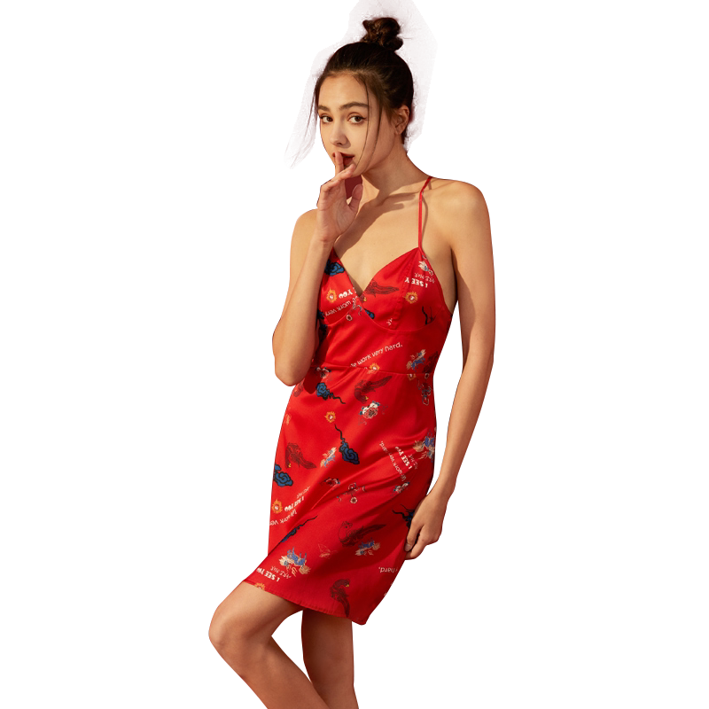 碧美妮夏季性感中国风丝绸吊带睡裙诱惑红薄款仿真丝女红结婚睡衣