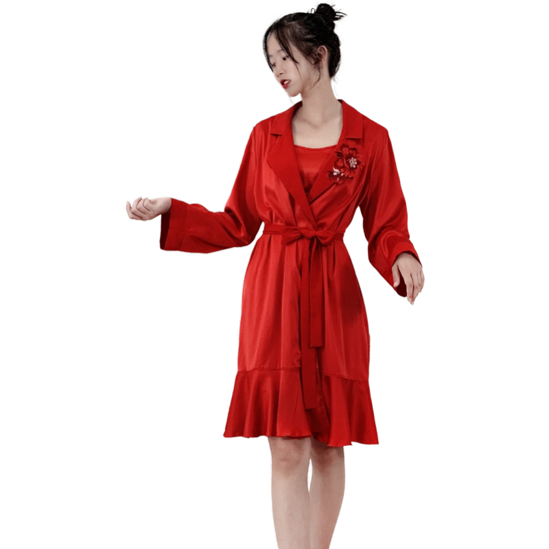 碧美妮春夏长袖暖气房吊带睡裙睡袍两件套套装睡衣刺绣女家居服女