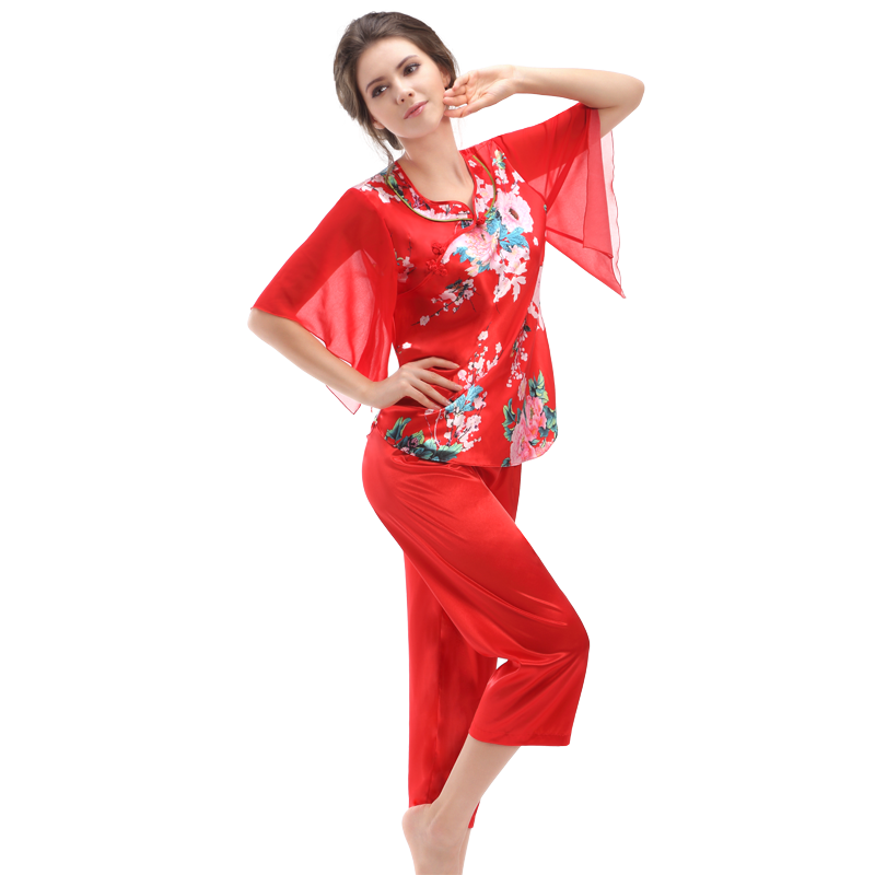 碧美妮女夏中国风大红色旗袍风衣裤两件套睡衣丝绸印花结婚家居服