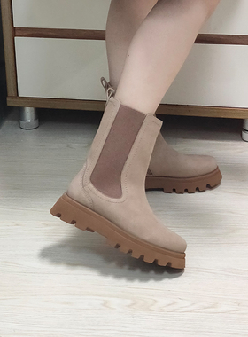 德国Ara鹦鹉女鞋秋冬新品厚底真皮加绒切尔西靴烟筒靴12-16727