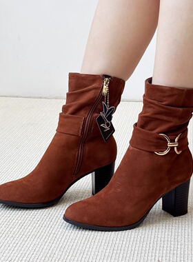 德国CAPRICE凯蝴蝶女鞋秋冬新品时尚金属扣牛皮薄绒高跟短靴25328