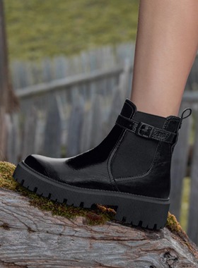 德国CAPRICE凯蝴蝶女鞋2025秋冬新品牛皮加绒厚底切尔西短靴25413