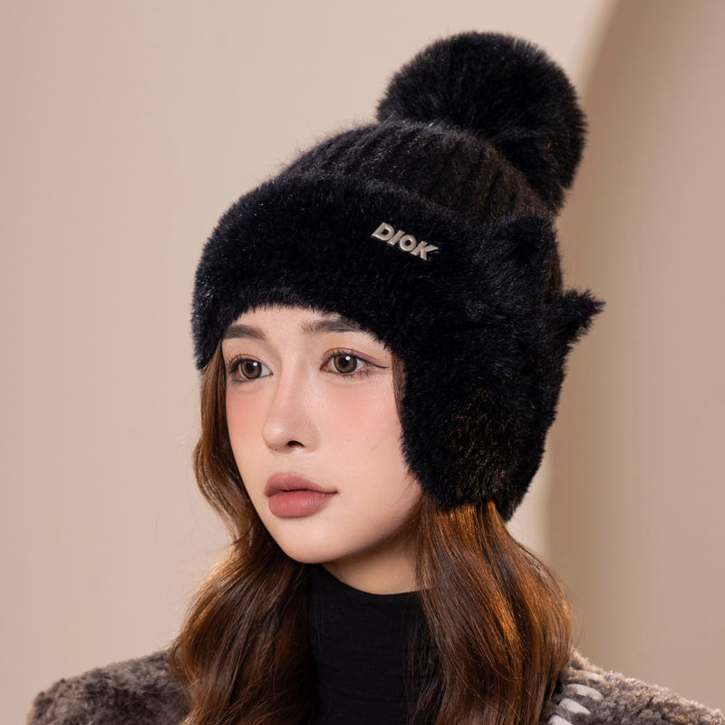 冬季新款拼接貂绒护耳加绒毛线帽子女韩国时尚纯色简约针织帽