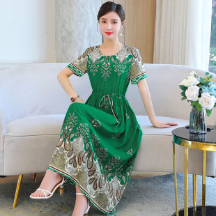 2026新款 夏天高端棉绸沙滩裙气质妈妈连衣裙人造棉云南民族风长裙