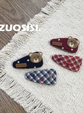 儿童新年红色格纹三角布艺BB夹 英伦小熊学院配色发夹组