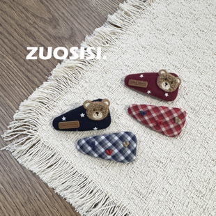 儿童红色格纹三角布艺BB夹 英伦小熊学院配色发夹组