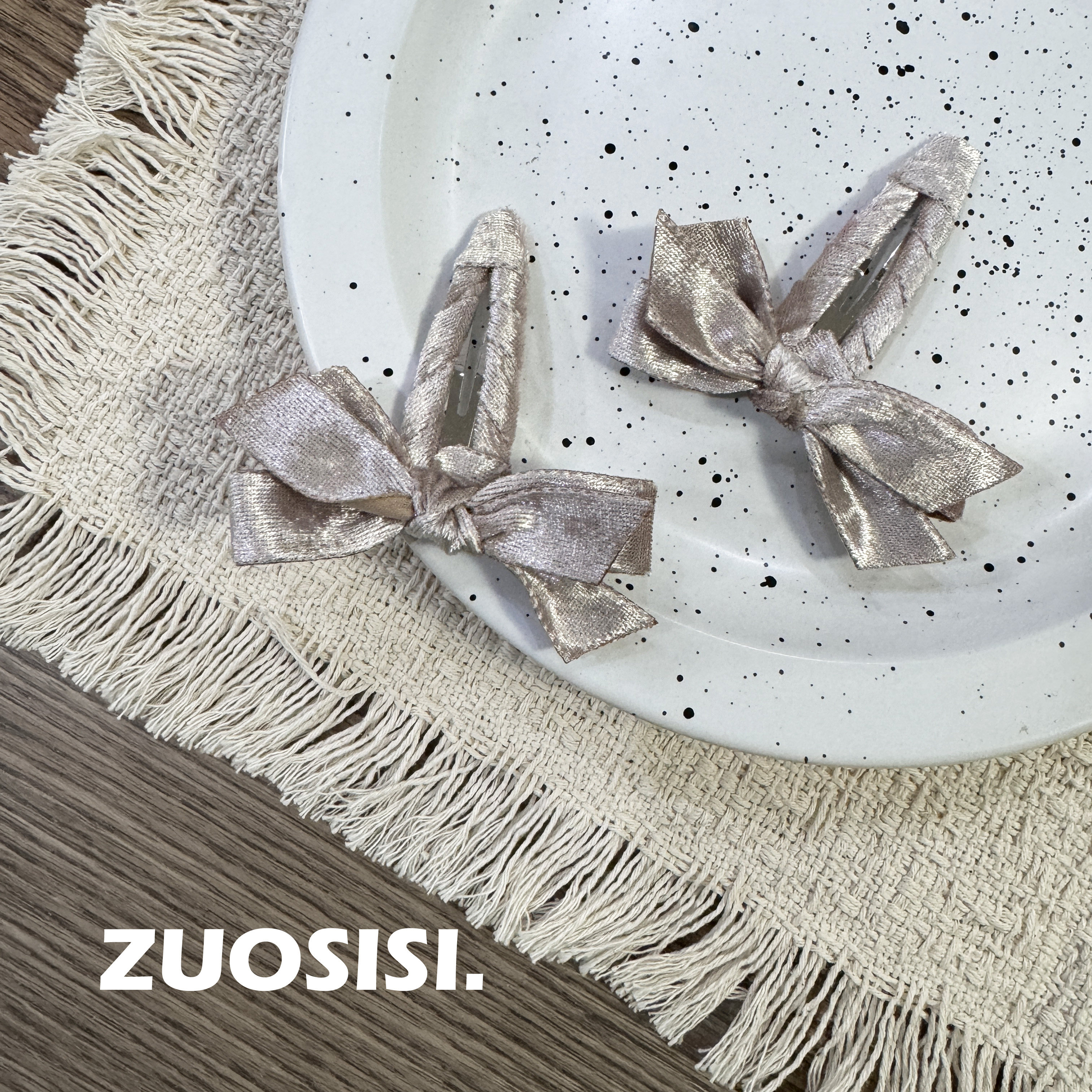 香槟色丝绒儿童发夹 女童蝴蝶结头饰发夹