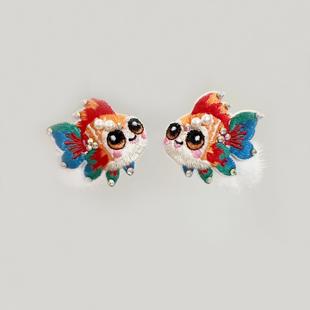 可爱小金鱼刺绣儿童对夹 宝宝新年国风毛球发饰 女童古风头饰发卡