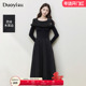 朵以2025秋季 小黑裙 连衣裙修身 新款 赫本风一字领拼接毛织中长款
