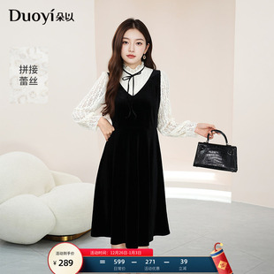 复古千金优雅系带假两件蕾丝拼接丝绒连衣裙 法式 朵以2025冬季 新款