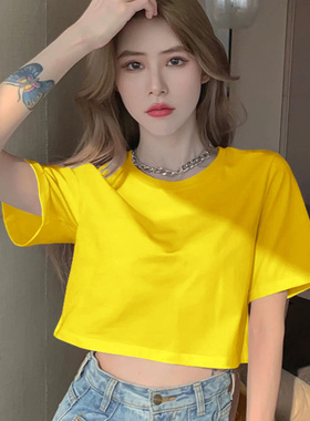 女宽松露脐短款上衣 夏季新款休闲高腰爵士舞短袖t恤