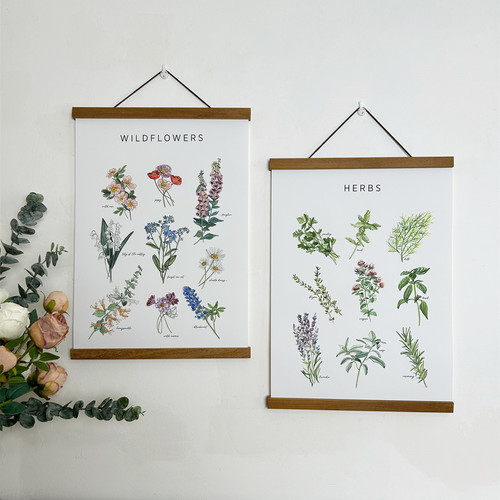 北欧手绘植物花卉实木磁铁挂轴画