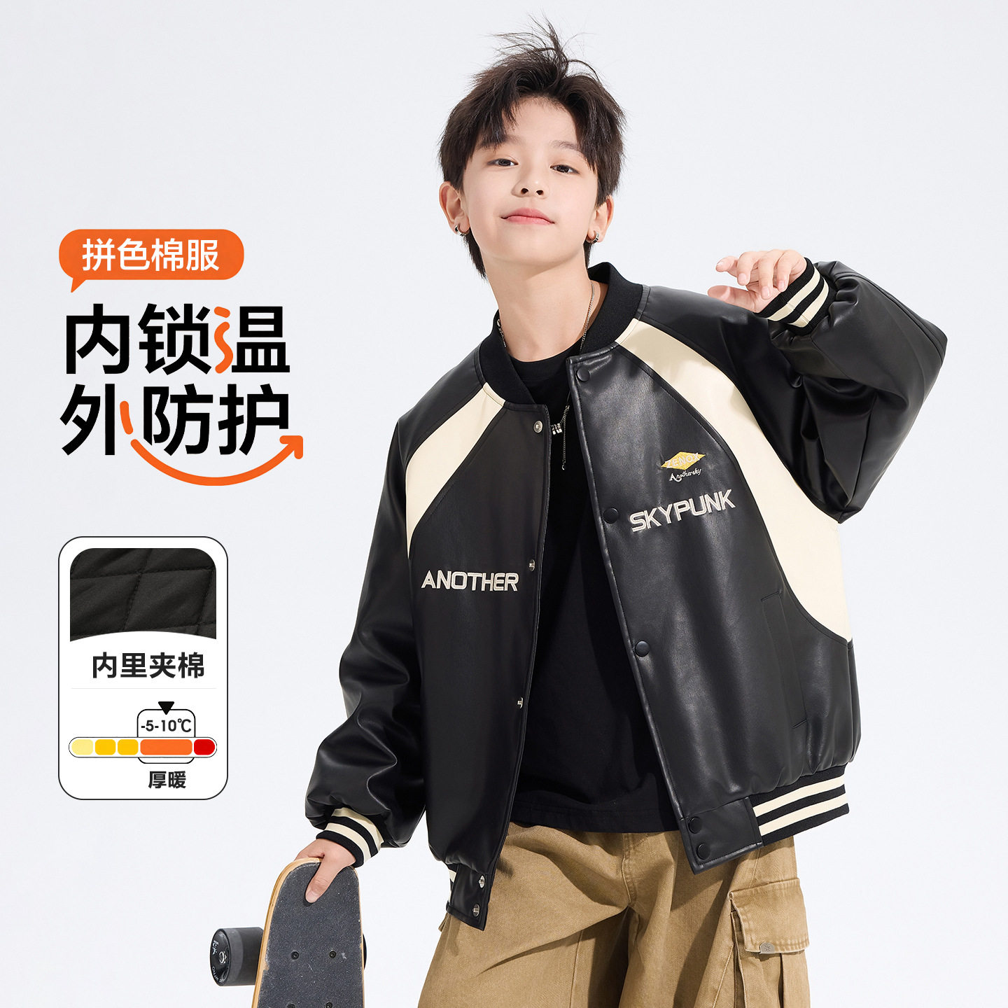 男童冬季机车风皮衣棒球棉服2026新款青少年儿童加厚防水棉衣外套