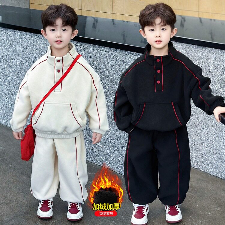 男童秋冬装卡红条加绒套装韩版儿童冬季卫衣两件套宝宝衣服外贸